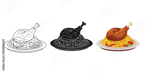 Roasted chicken leg quarter served on a plate of yellow rice, three styles outline, silhouette, color