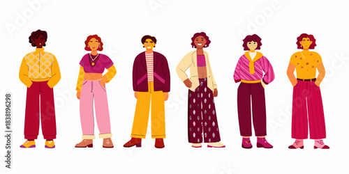 Diverse group of fashionable people standing in a row showcasing unique styles