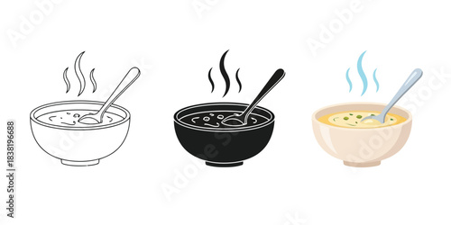 Hot soup in a bowl with a spoon, three styles outline, solid black, and color illustration