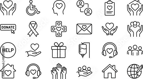 Charity Donation and Volunteering Line Icon Set, Featuring Hand, Heart, Healthcare, Home, Disability, Gift, Support, and Global Outreach Symbols for Nonprofit Organizations and Humanitarian Aid