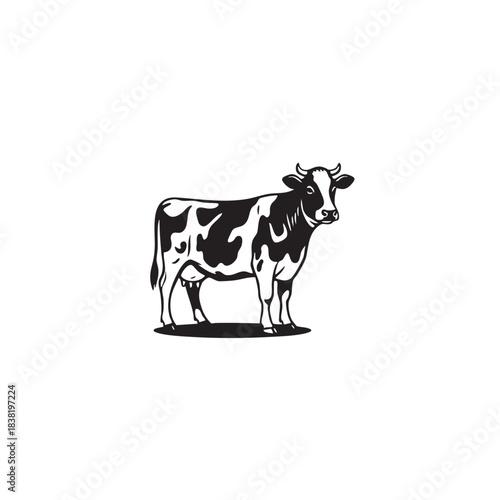 Cow vector illustration. Black and white dairy farm animal silhouette. Beef or milk cattle logo icon isolated on white background. Livestock branding symbol.