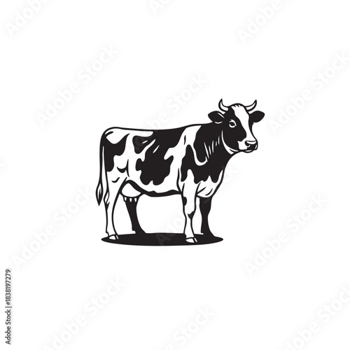 Cow vector illustration. Black and white dairy farm animal silhouette. Beef or milk cattle logo icon isolated on white background. Livestock branding symbol.