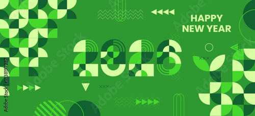 Happy New Year 2026 geometric abstract design background in various shades of green with modern shapes.