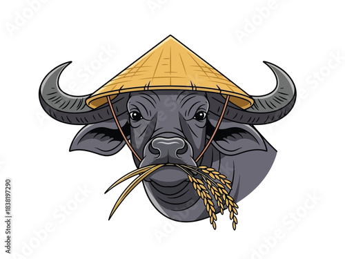 A detailed illustration of a water buffalo wearing a conical hat and chewing on rice stalks.