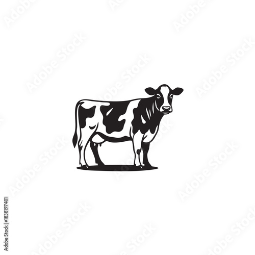 Cow vector illustration. Black and white dairy farm animal silhouette. Beef or milk cattle logo icon isolated on white background. Livestock branding symbol.