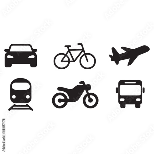 Transport icon set, vehicle icons containing car, bike, plane, train, bicycle, motorbike, bus vector silhouette 