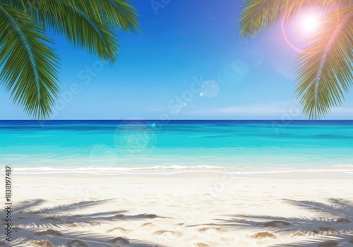 Idyllic tropical beach scene white sand, clear turquoise water, palm fronds, sun flare against a blue sky