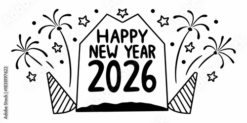 Happy chinese new year 2026, year of the horse, traditional blue and white illustration with a horse silhouette and chinese architectural elements, celebrating the upcoming lunar new year2026 Happy Ne