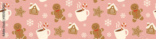 Christmas pattern with gingerbread and cocoa. Seamless pattern. Pink wrapping paper. Ornament for a coffee shop.