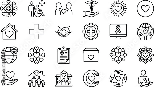 Global Health and Medical Care Line Icon Set: Compassion, Community, and Wellness Icons for Charity, Healthcare, Volunteer, Donation, and Love Concepts, Editable Vector Outline.
