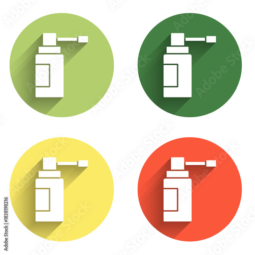 Set Medical bottle with nozzle spray for the treatment of diseases of the nose and throat icon isolated with long shadow background. Color circle button. Vector