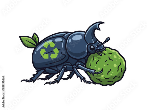 A cartoon rhinoceros beetle with a recycling symbol on its back pushes a ball of green material.