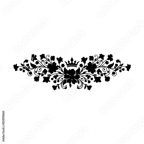 Elegant black silhouette floral scroll design with regal crown accent