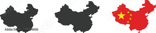 China Map Icon Set, Solid Silhouette, and Flag Style Vector Collection.