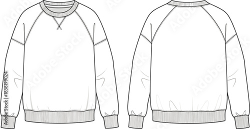 Women's oversized raglan sleeve fleece sweatshirt technical fashion sketch template, front and back view, vector illustration, relaxed fit, apparel design, crew neck with rib knit cuffs 