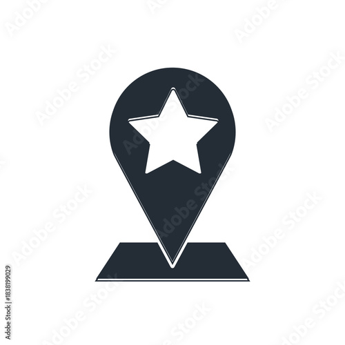 Black Map pointer with star icon isolated on white background. Star favorite pin map icon. Map markers. Vector
