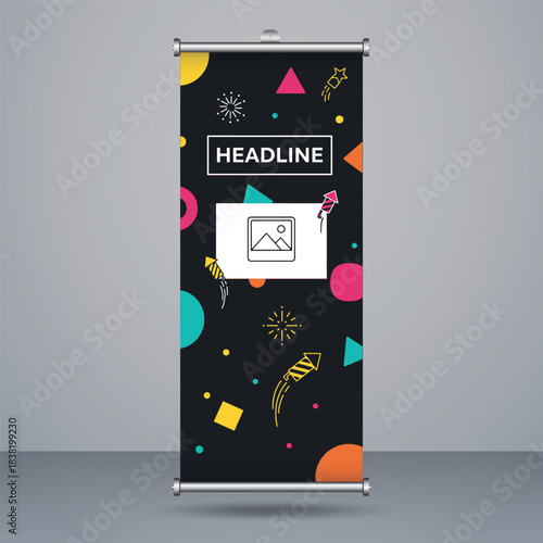 Vibrant rollup banner stand mockup with modern abstract geometric shapes and festive fireworks design for promotional events