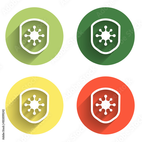Set Shield protecting from virus, germs and bacteria icon isolated with long shadow background. Immune system concept. Corona virus 2019-nCoV. Color circle button. Vector
