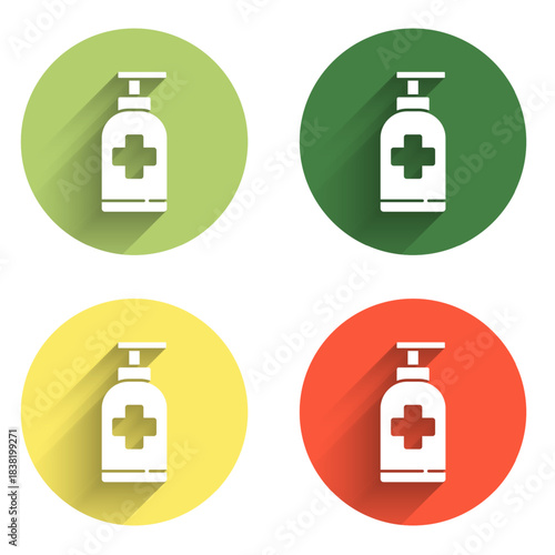 Set Bottle of liquid antibacterial soap with dispenser icon isolated with long shadow background. Antiseptic. Disinfection, hygiene, skin care. Color circle button. Vector