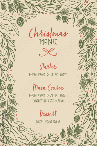 Cute hand drawn menu template for Christmas template with branches.