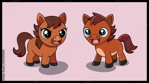 Two adorable cartoon foals with big eyes and expressive faces