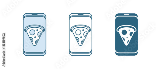 Blue Food ordering pizza icon isolated on white background. Order by mobile phone. Restaurant food delivery concept. Vector