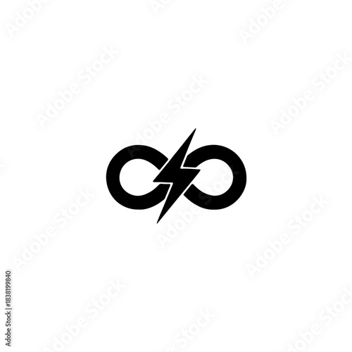 Black infinity symbol crossed by a lightning bolt, representing perpetual energy, power, and boundless potential.