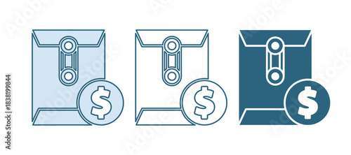 Blue Envelope with coin dollar symbol icon isolated on white background. Salary increase, money payroll, compensation income. Vector