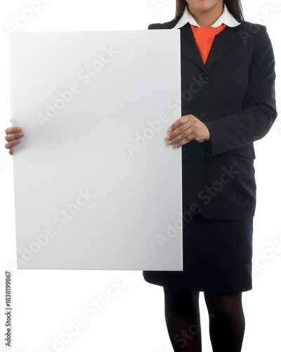 woman in uniform with a blank poster