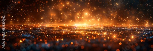Panoramic View of Glowing Sparkles and Bokeh Lights in a Dreamy, Abstract Sci-Fi Landscape at Night