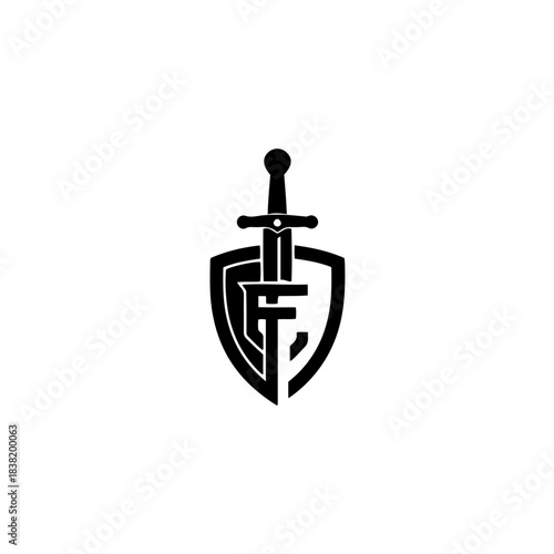 Medieval heraldic emblem with a sword piercing a shield and stylized letters f and c, graphic vector illustration