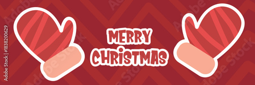 Merry Christmas horizontal banner and flyer vector design with cute kids warm red mittens on red abstract geometric background and greeting text. Vector merry Christmas cartoon banner with gloves