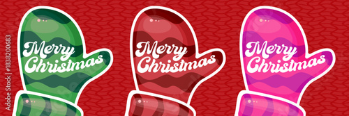 Merry Christmas horizontal banner and flyer vector design with cute kids warm red mittens on red abstract geometric background and greeting text. Vector merry Christmas cartoon banner with gloves