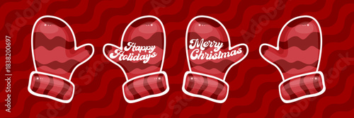 Merry Christmas horizontal banner and flyer vector design with cute kids warm red mittens on red abstract geometric background and greeting text. Vector merry Christmas cartoon banner with gloves