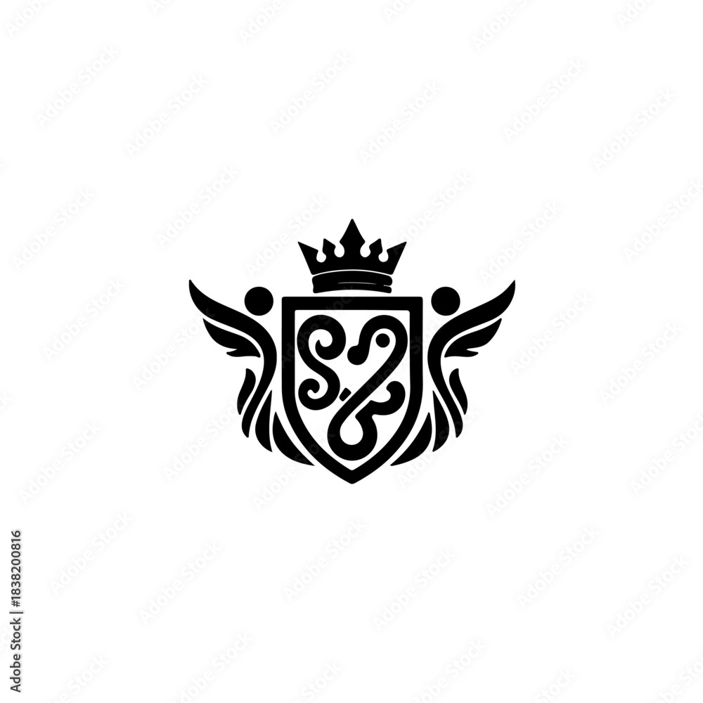 Fototapeta premium Elegant black heraldic emblem with crown, shield, and wings, symbolizing authority, heritage, and victory, isolated. isolated on transparent background