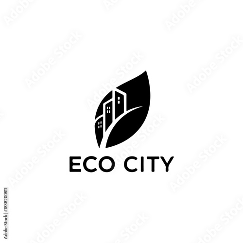 Stylized eco city logo: leaf incorporating buildings, symbolizing sustainable urban development and green living. isolated on transparent background