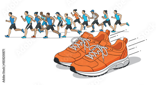 Orange running shoes with runners in motion, dynamic sports theme