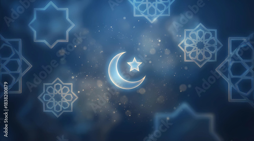 Blue Islamic arch window casting ornate shadows in a serene interior