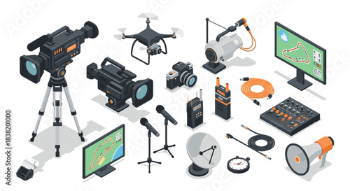 Isometric video production equipment with cameras, drones, and microphones
