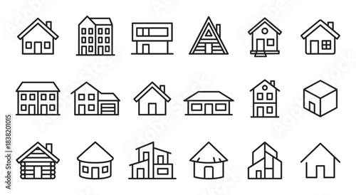 Black outline house and building icons set featuring various architectural styles from simple homes to modern apartments for real estate or web design concepts