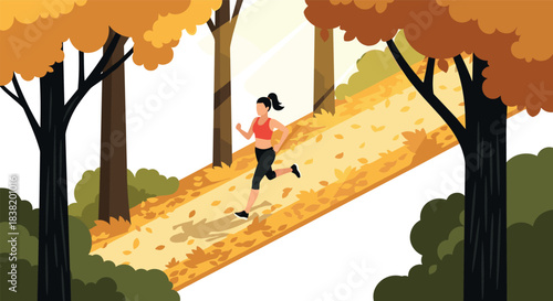 Autumn park scene with woman jogging among colorful trees and falling leaves