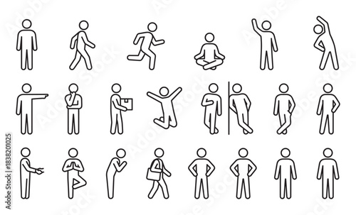 Large set of human figure line icons showing people in various poses and actions like walking, running, meditating, stretching, and thinking for universal pictograms and signs