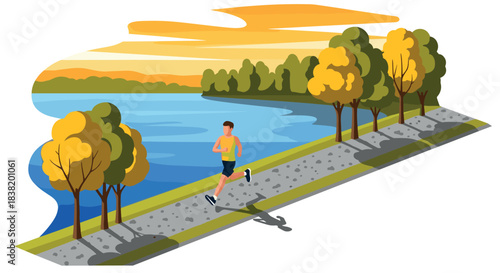 Autumn morning jogging along lakeside path with vibrant foliage and calm waters