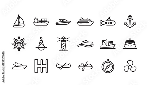 Collection of black line art icons representing various ships, boats, and nautical elements like a sailboat, cargo ship, submarine, anchor, lighthouse, and compass for maritime themes