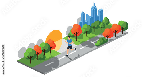 Isometric autumn city park with runner and skyscrapers in sunrise scene