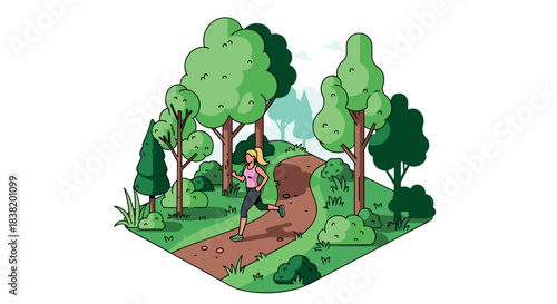 Female jogger on a forest trail in vibrant cartoon style
