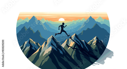 Silhouette of runner on mountain peaks at sunrise