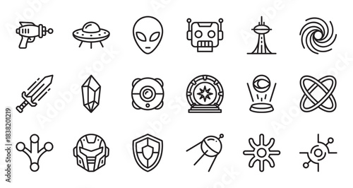 Set of science fiction line icons featuring an alien, robot, UFO, portal, and other futuristic symbols for a technology or gaming theme, presented in a clean minimalist style