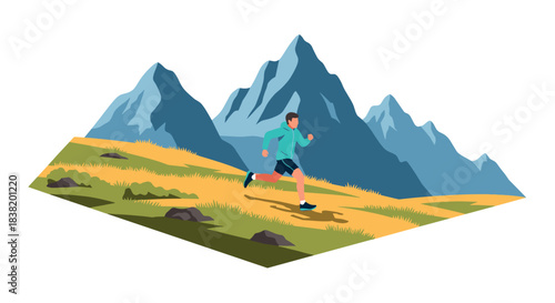 Flat style man running on mountain trail with stunning background scenery