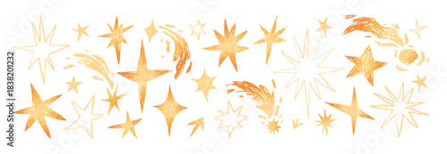 Doodle stars are shooting set. Chalk scribble of meteorites and comets in space. Kids sketches of sparks and meteors on wall art in grunge style. Hand drawn vector illustrations on white background